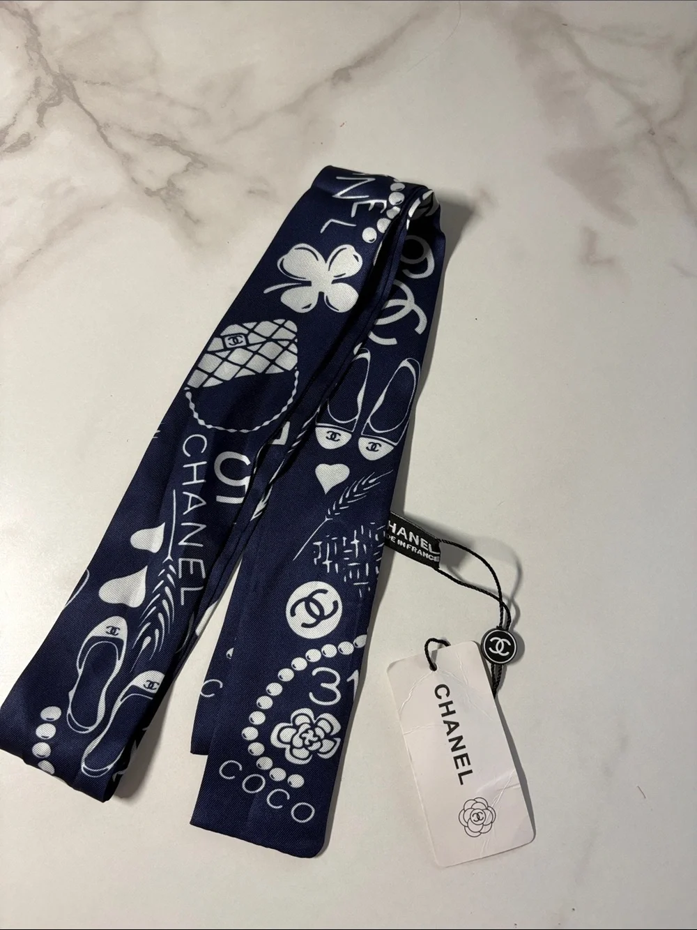 C Navy and White Printed Silk Hair Twilly